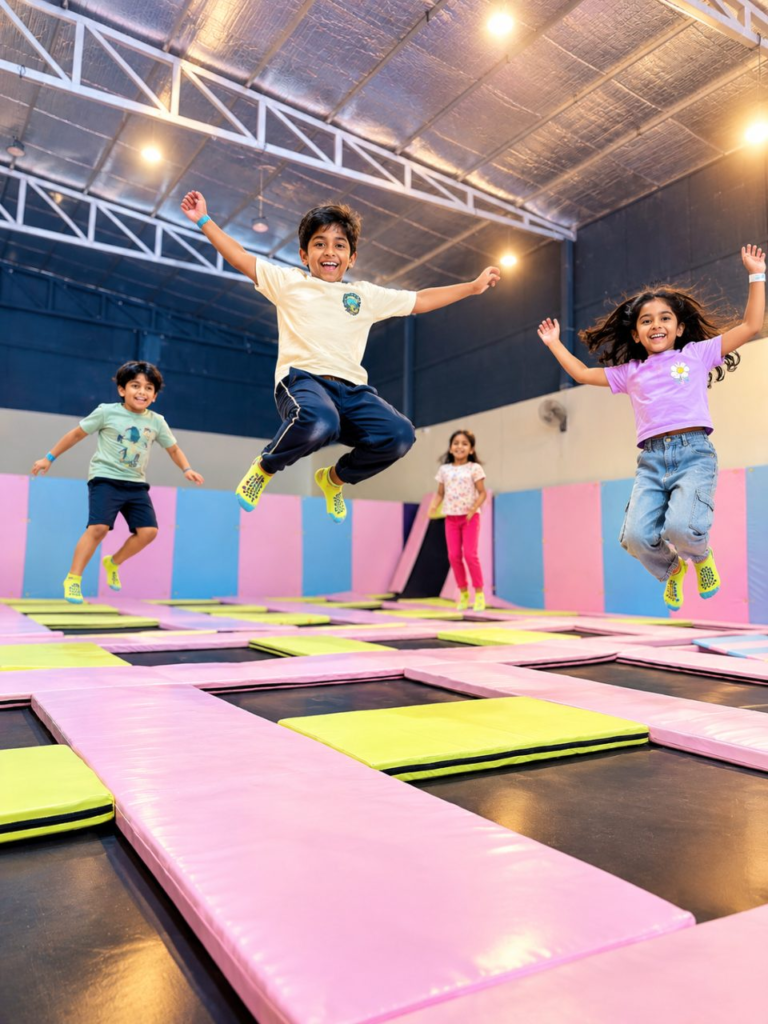 Three kids jumping on the padded trampoline arena at OWI Kids World, South Delhi