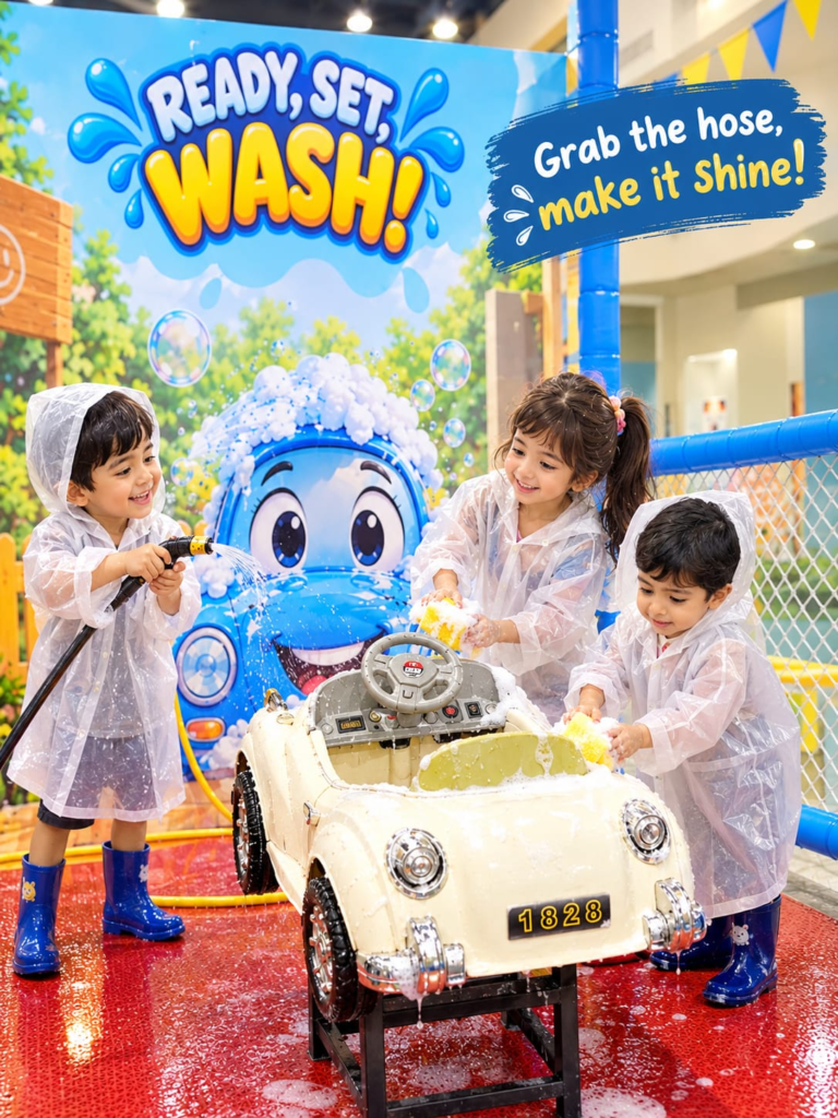 Promotional artwork for the Car Wash activity at OWI Kids World: three kids in raincoats washing a ride-on toy car with a hose and sponges