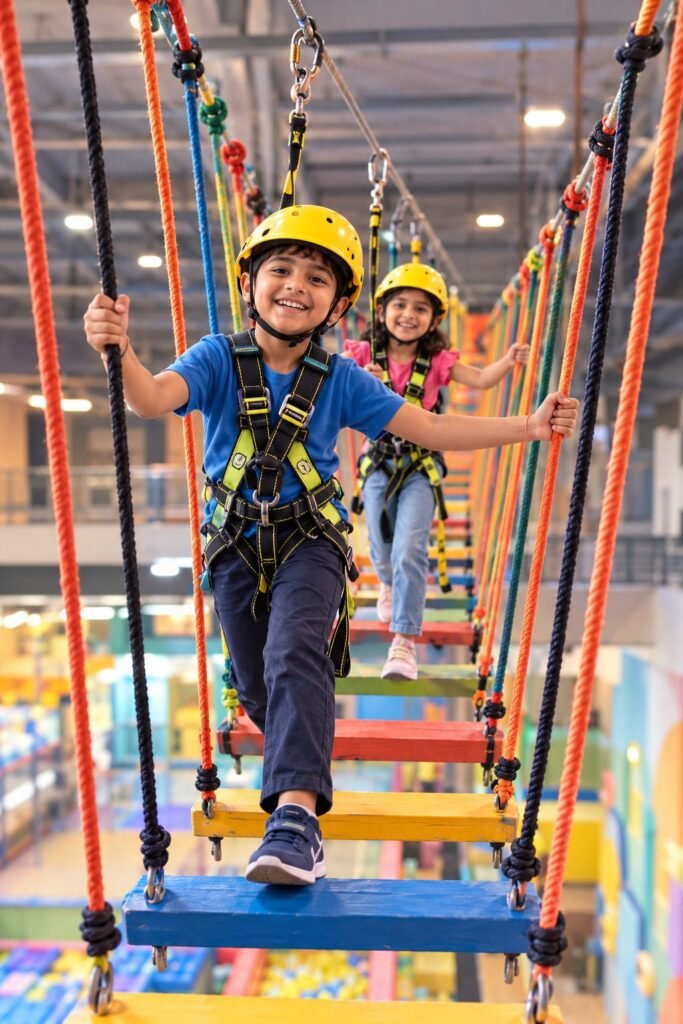 Two kids in helmets and safety harnesses crossing a colourful rope bridge on the indoor adventure course at OWI Kids World