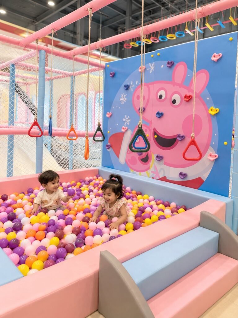 Toddlers playing in a pastel ball pool beside a cartoon climbing wall with hanging rings at OWI Kids World indoor play area, South Delhi