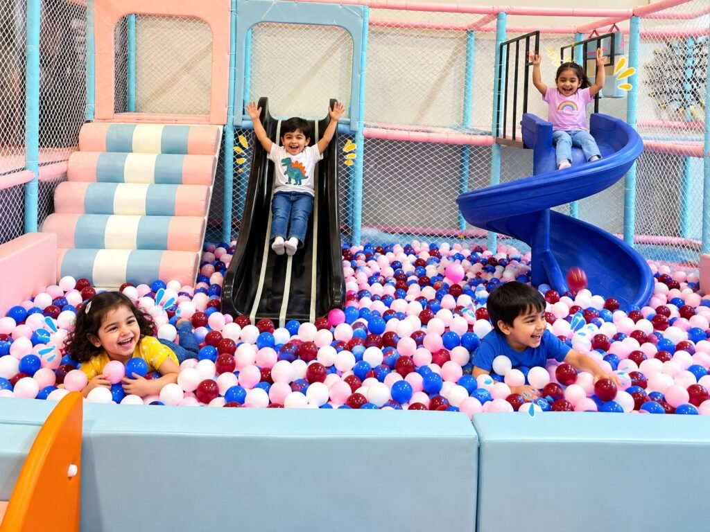Happy kids sliding and playing in a ball pool with slides at OWI Kids World indoor play area for kids in South Delhi