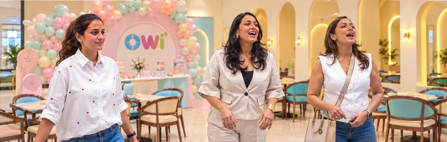 Three mothers walking through the OWI Kids World party area with a pastel balloon arch and birthday dessert table