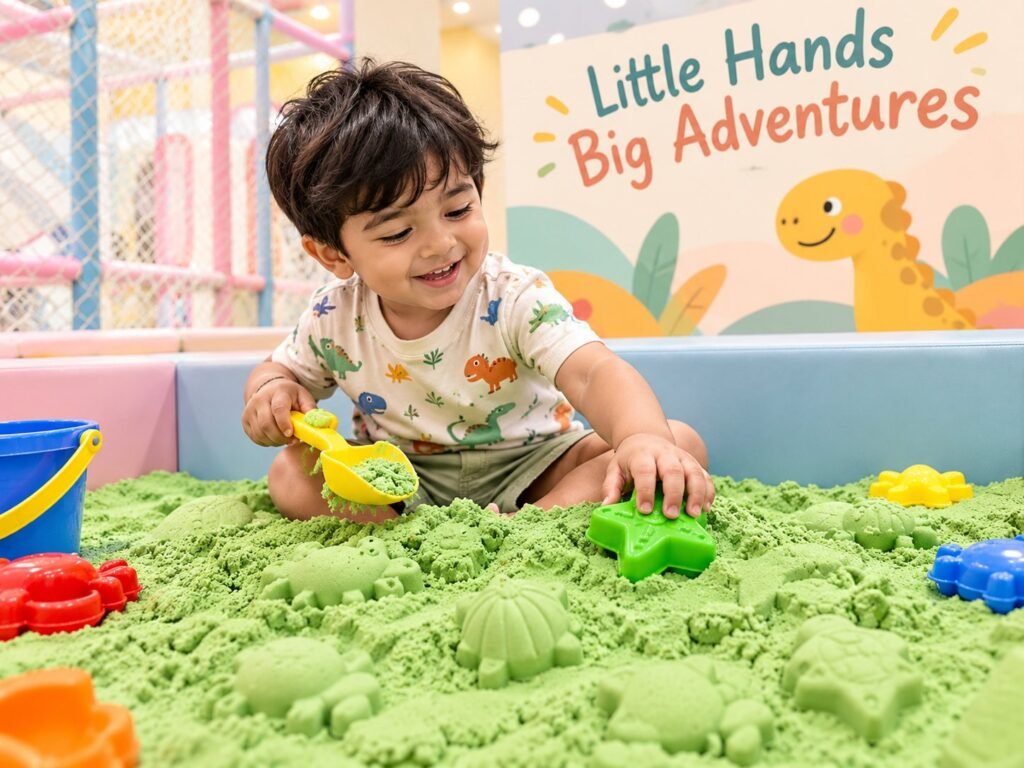 Little boy playing with green kinetic sand and moulds in the sensory sand play area at OWI Kids World, Delhi