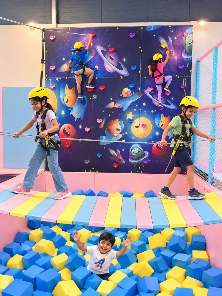 Kids in helmets and harnesses climbing a space-themed climbing wall and walking a rope bridge above a foam pit at OWI Kids World, Delhi